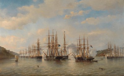Holland, angol, francia és amerikai osztagok a japán vizeken a Constant Jaurès francia parancsnok által vezetett expedíció során, 1864. szeptember alkotó: jonkheer Jacob Eduard van Heemskerck