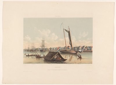 Vízpart és útpálya Paramaribo-ban Suriname. Kilátás a Waterkantra és a Paramaribo Roadsteadre (cím a tárgyon) alkotó: jonkheer Jacob Eduard van Heemskerck