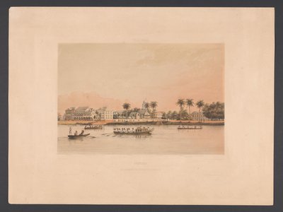 Vízpart a kormányzó házával Paramaribo-ban Suriname. Kormányház és tér Paramaribo-ban (cím az objektumon) Nyugat-India (sorozat címe a tárgyon) Kilátások Hollandia Nyugat-Indiájáról (sorozat címe) alkotó: jonkheer Jacob Eduard van Heemskerck