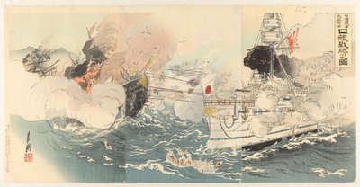 De Japanse tengeri verwoest kínai slagschepen nabij Dagushan Nisshin sensô Daikosan oki Shinkan gekichin no zu alkotó: Ôkura Kôtô