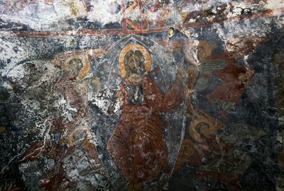 Krisztus angyalokkal és szenttel, freskó Panagia templomában, Kitiros, Kréta, Görögország (fotó) alkotó: Theodore Charles Ange Coquelin