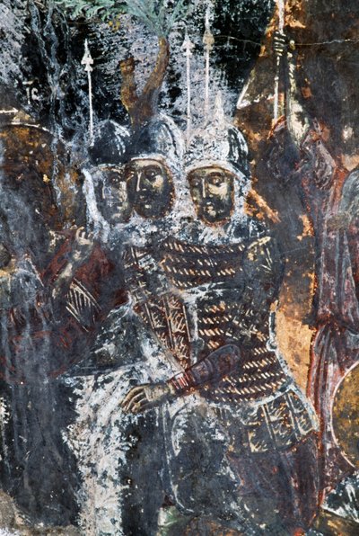 Katona, sérült freskó az Agios Vasileios templom mennyezetén, Vavouledo, Kréta, Görögország (fotó) alkotó: Theodore Charles Ange Coquelin