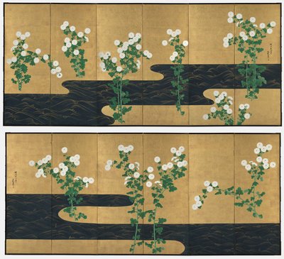 Krizantémok egy patak mellett alkotó: possibly by Ogata Kōrin
