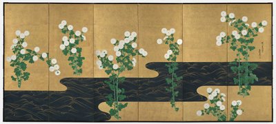 Krizantémok egy patak mellett alkotó: possibly by Ogata Kōrin