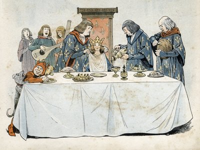 Egy koronát viselő kislány ül a trónon a bankettasztalnál. Egy nagy esong töltött neki egy italt, egy nagy kosárkészítő kenyeret vágott, egy nagy kamarás pedig törölközőt kötött a nyakába. Trubadúrok és egy törpe szórakoztatják. Franciaország gazdasági all alkotó: pseudonym for Onfray de Breville Jacques Job
