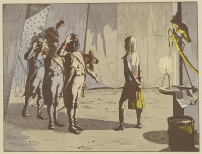 A lodi csata után az öreg katonák felajánlották ifjú parancsnokuknak tizedes rangot, a Napóleonnál maradt Kis tizedes becenév eredete. alkotó: pseudonym for Onfray de Breville Jacques Job