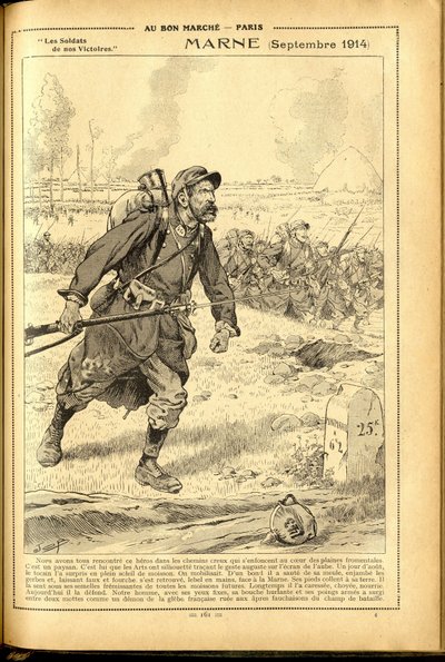 Napló Buvard du Bon Marche 1917 - Job illusztrációja (Jacques Marie (Jacques-Marie) Gaston Onfray és Breville) (1858-1931): Marne 1914. szeptember - 14-18-i háború, Marne, Nagy csaták, marne-i csata - Katonák alkotó: pseudonym for Onfray de Breville Jacques Job