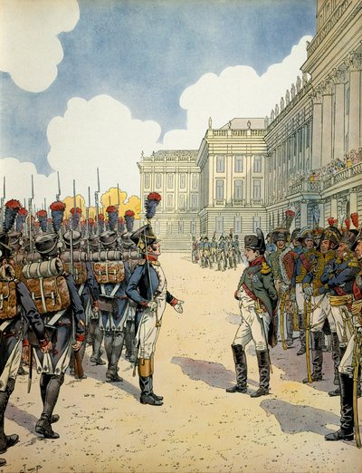I. Bonaparte Napóleon (1769-1821) Schoebrunnban áttekintette a csapatokat a július 5-i és 6-i wagrami csata előtt. alkotó: pseudonym for Onfray de Breville Jacques Job