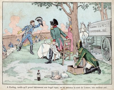 Aspern Esslingi csata – Napóleon hírt kap Lannes marsall 1809 haláláról – Aspern-Essling csata – Napóleon hírt kap Lannes marsall haláláról – Job (Jacques Onfroy de Breville) litográfiája a „” Le Grand Napoleon des Petites”-től alkotó: pseudonym for Onfray de Breville Jacques Job