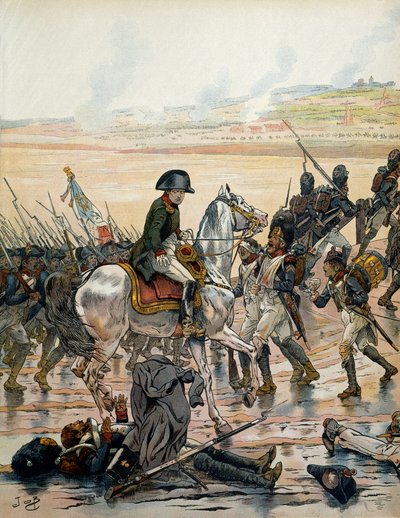 Ausztria hadjárata (1805): Elchingenben a csatatérre látogató I. Bonaparte Napóleon (1769-1821) felismeri az egyiptomi sereg gránátosát, aki hanyatt fekszik, ki van téve a zuhogó esőnek, és továbbra is kiabál neki. elvtársak "" forw alkotó: pseudonym for Onfray de Breville Jacques Job