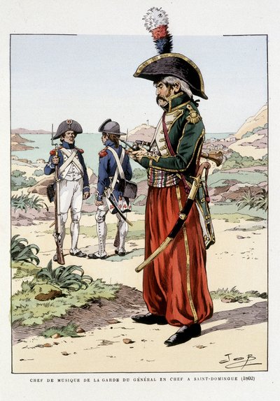 A főtábornok gárdája 1802-ben St Domingoban a „Franciaországi csapatok felszerelése: szárazföldi és tengeri hadseregek mindenkor”, ill. Job által alkotó: pseudonym for Onfray de Breville Jacques Job