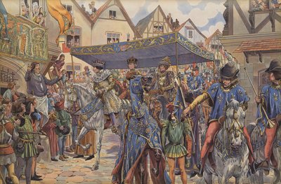 Párizs utcáin tömeg köszönti XI. Lajost, aki Burgundiából érkezik, hogy megszerezze királyságát apja, VII. Károly halála után (színes litó) alkotó: pseudonym for Onfray de Breville Jacques Job