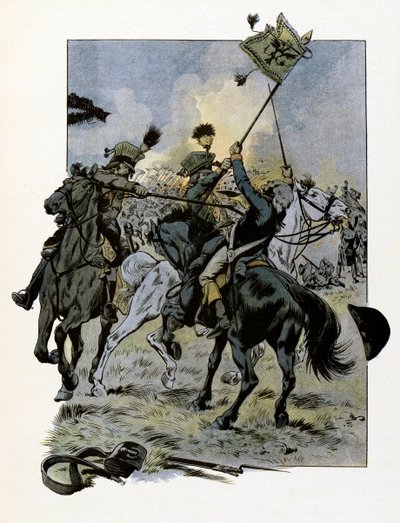 Az auvergne-i Theophile Malo Corret de La Tour (vagy Latour) (1743-1800) meghalt 1800. június 28-án, 57 évesen az oberhauseni csatában egy osztrák uhlán által adott lándzsa által - Jób illusztrációja ( Ja alkotó: pseudonym for Onfray de Breville Jacques Job