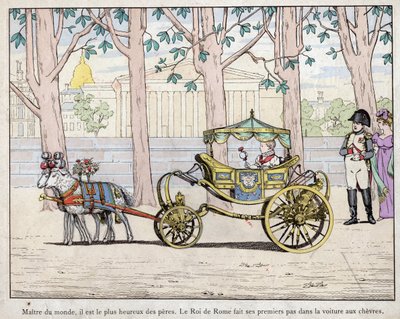 I. Napóleon Bonaparte császár (1769-1821) fiával, Napóleon herceggel, Francois Charles Joseph Bonaparte-szal, aki Róma királyává vált II. Napóleon, akit később Aiglonnak is neveztek – Napóleon nézi, ahogy Olaszország királya (II. Napóleon) megteszi első lé alkotó: pseudonym for Onfray de Breville Jacques Job