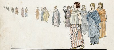 Femmes des „”szabad férfiak”” (szabad polgárok), akik vállán kapcsos ruhát viselnek, karjukon nehéz ékszereket viselnek. „” Franciaországban, története G. Montorgueil, imagee Job””” 1896. Magángyűjtemény. alkotó: pseudonym for Onfray de Breville Jacques Job