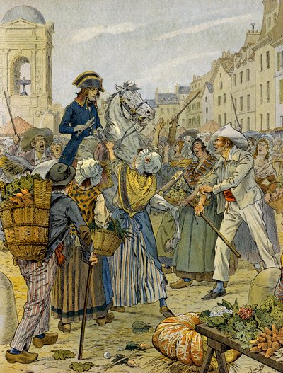1789-es francia forradalom: I. Bonaparte Napóleon (1769-1821) a forradalmi lakosság oldalára állt, és bugyi nélkül (bugyi nélkül) Les Hallesben. Illusztráció: Jacques Marie Gaston Onfray de Breville a JOB-ban (1858-1931). Magángyűjtemény alkotó: pseudonym for Onfray de Breville Jacques Job