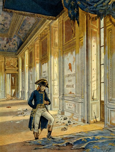 Az 1789-es francia forradalom: I. Bonaparte Napóleon (1769-1821) a Tuileries-palota tróntermében, miután a forradalmárok elvonultak, akik feldúlták a helyet. A falon ez áll: „A királyság megszűnt.” Illusztráció: Jacques Marie Gaston Onfray alkotó: pseudonym for Onfray de Breville Jacques Job