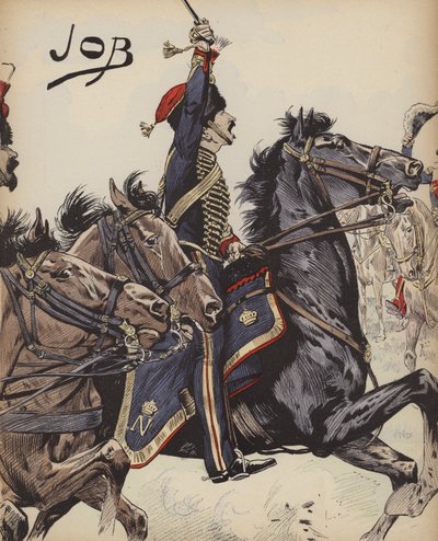 A napóleoni háborúk francia lovas katonája (színes litho) alkotó: pseudonym for Onfray de Breville Jacques Job
