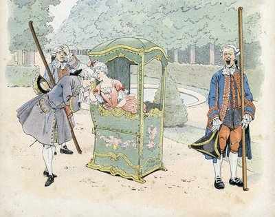 Francia vitézség a 18. században: egy fiatal férfi kezet csókol egy nőnek egy tolószékben. in „Franciaország, története G. Montorgueil, képszerkesztő: Job”” 1896. Magángyűjtemény. alkotó: pseudonym for Onfray de Breville Jacques Job