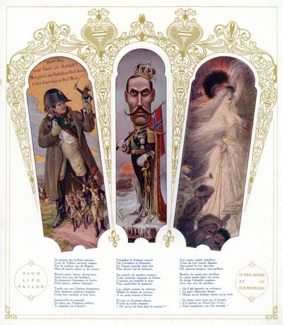 Francia katonai kiképzés, VII. Haakon norvég király és marokkói bevándorlók karikatúrája Franciaországban (színes litho) alkotó: pseudonym for Onfray de Breville Jacques Job