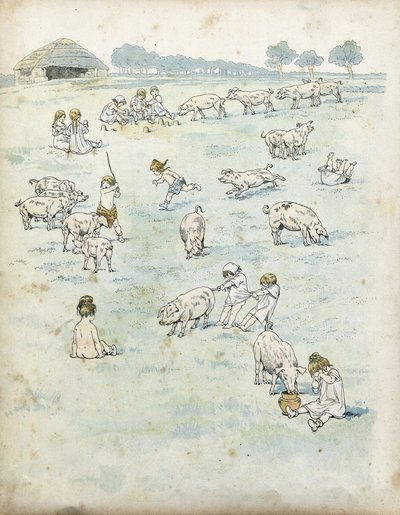 Gall gyerekek sertésekkel játszanak a mezőn. „” Franciaországban, története G. Montorgueil, imagee Job””” 1896. Magángyűjtemény. alkotó: pseudonym for Onfray de Breville Jacques Job
