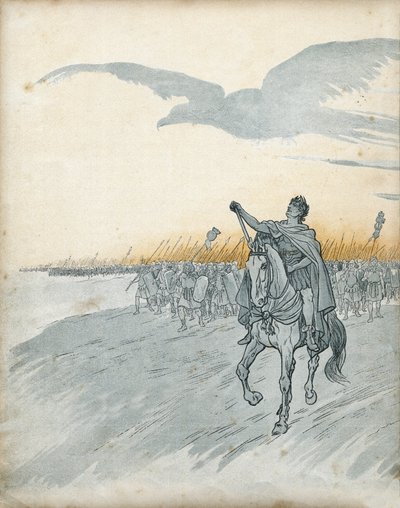 Gallia háború: Gaius Julius Caesar (akkor Jules cesar) (Kr. e. 100-44) és serege megszállja Galliát. Az égen megjelenik egy sas árnyéka, a Római Birodalom szimbóluma. a „Franciaországban, G. Montorgueil által elmondott története, Job képével”” 1896. Magáng alkotó: pseudonym for Onfray de Breville Jacques Job