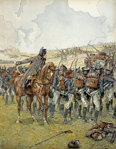 Német hadjárat 1813-ban: I. Bonaparte Napóleon (1769-1821) a lutzeni csatában 1813. május 2-án vezényelte seregét, mielőtt győzelmet aratott. Georges Montorgueil „” Napóleon” című művében. Illusztráció: Jacques Marie Gaston Onfray de Breville a JOB-ban (18 alkotó: pseudonym for Onfray de Breville Jacques Job