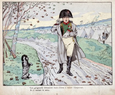 Grognardok (Bonaparte Napóleon régi gárdája) kiképezték kutyáikat, hogy tisztelegjenek a császár előtt – Job (Jacques Onfroy de Breville) litográfiája a „Le Grand Napoleon des Petites Enfants” című filmből, 1893 alkotó: pseudonym for Onfray de Breville Jacques Job