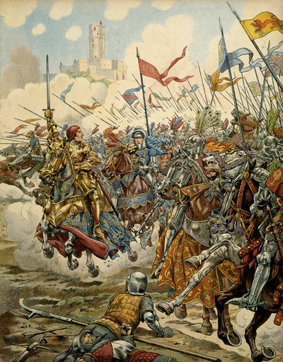 Franciaország története a középkorban (középkor): XI. Lajos király a Prudenteket (1423-1483) nevezte serege élén a Ligue du Bien Public elleni montlery-i csatában, július 16-án. alkotó: pseudonym for Onfray de Breville Jacques Job
