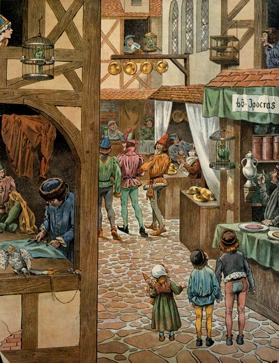 Franciaország története a középkorban (középkor): Rue de Paris, miután XI. Lajos király azt mondta, hogy a Prudent (1423-1483) aláírta a peronne-i kereskedést Charles Le Temeraire-rel. A párizsiak papagájokat vásároltak, amelyekből megtanulták, hogy Peronn alkotó: pseudonym for Onfray de Breville Jacques Job