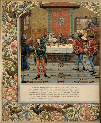 Franciaország története a középkorban (középkor): Philippe Le Bon (1396-1467) burgundiai herceg egy asztalnál a meghívásával, Lajos delfinnel (az akkori XI. Lajos francia király, az Óvatos néven ismert). alkotó: pseudonym for Onfray de Breville Jacques Job