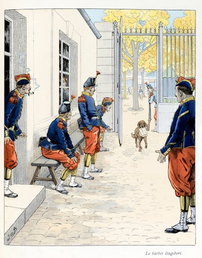 Illusztráció az „A la Glory des Betes” című könyvből, A Fabre szövege, Jacques Marie Gaston rajzai Onfray de Breville dit JOB (1858-1931), kiadó Maison Alfred Mame et fils: The Barbet Dagobert (egy párizsi laktanyában) ), Részleges gyűjtés alkotó: pseudonym for Onfray de Breville Jacques Job