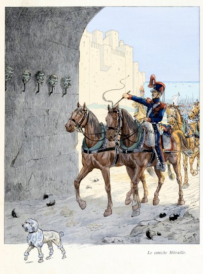Illusztráció az „A la gloire des betes” könyvből, A Fabre szövege, Jacques Marie Gaston rajzai Onfray de Breville dit JOB (1858-1931), kiadó Maison Alfred Mame et fils: The Mitraille uszkár (egyszerű uszkár a 2. tüzérségben) ezred, ő volt a th alkotó: pseudonym for Onfray de Breville Jacques Job