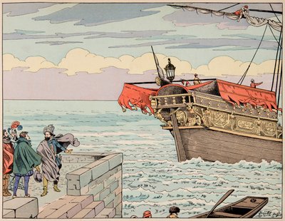 Illusztráció a „Le bon roy Henri” című könyvből, illusztrálta: Jacques Marie Gaston Onfray de Breville dit JOB (1858-1931): IV. Henrik megtagadja a tanácsot, hogy Angliába meneküljön – Magángyűjtemény alkotó: pseudonym for Onfray de Breville Jacques Job