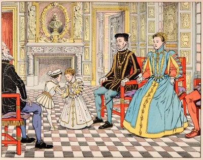 Illusztráció a „Le bon roy Henri” című könyvből, illusztrálta: Jacques Marie Gaston Onfray de Breville dit JOB (1858-1931): Antoine de Bourbon Párizsba vitte és unokatestvérének, II. Henriknek nyújtotta, aki kezet nyújtott neki. lánya Marguerite de alkotó: pseudonym for Onfray de Breville Jacques Job