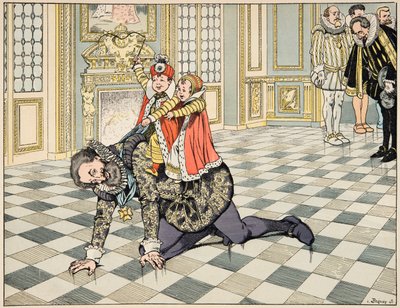 Illusztráció a „Le bon roy Henri” című könyvből, illusztrálta: Jacques Marie Gaston Onfray de Breville dit JOB (1858-1931): A spanyol nagykövet előtt IV. Henrik játszik gyermekeivel - Magángyűjtemény alkotó: pseudonym for Onfray de Breville Jacques Job
