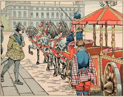 Illusztráció a „Le bon roy Henri” című könyvből, illusztrálta: Jacques Marie Gaston Onfray de Breville dit JOB (1858-1931): 1610. május 14-én IV. Henrik lovagolni készül fedetlen hintóján – Magángyűjtemény alkotó: pseudonym for Onfray de Breville Jacques Job