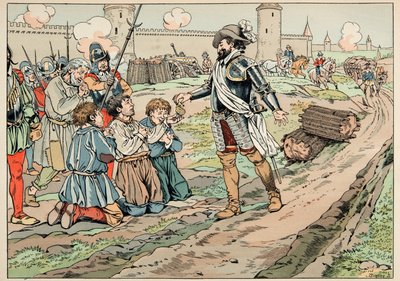 Illusztráció a „Le bon roy Henri” című könyvből, illusztrálta: Jacques Marie Gaston Onfray de Breville dit JOB (1858-1931): IV. Henrik pénzt ad és felszabadítja azokat a parasztokat, akik élelmiszert próbáltak bevinni Párizsba - Magángyűjtemény alkotó: pseudonym for Onfray de Breville Jacques Job