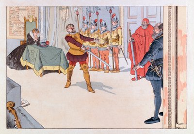 Jacques Marie Gaston Onfray de Breville: JOB (1858 - 1931); Illusztráció a „Les epees de France” könyvből: Piece de theatre au 19th century; Coll, Share alkotó: pseudonym for Onfray de Breville Jacques Job