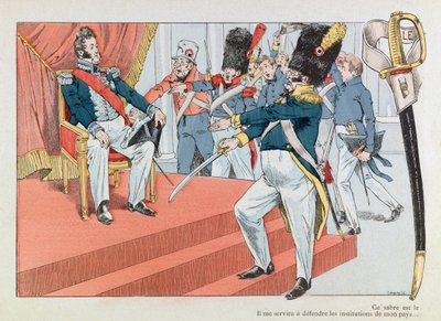 Jacques Marie Gaston Onfray de Breville az állásban (1858-1931); Az illusztráció a „Les epees de France” című könyvből vett: Louis Philippe (1773-1850) a trónon (Henri Monnier a Nemzetőrség jelvényét kapja „” Ez a szablya a legszebb alkotó: pseudonym for Onfray de Breville Jacques Job