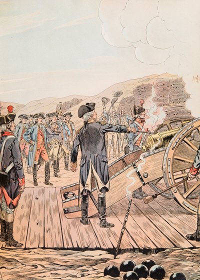 Jacques Marie Gaston Onfroy de Breville a munkában (1858-1931) – Az első fegyverlövés a Yorktown-i főhadiszálláson 1781 szeptemberében, Magángyűjtemény alkotó: pseudonym for Onfray de Breville Jacques Job