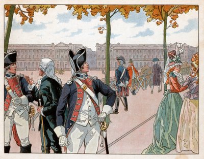 Joachim Murat (1767-1815) és Bessieres Párizsban 1791-ben a király alkotmányos őrének jelmezében. Jacques Marie Gaston metszet, Onfray de Breville dit Job (1858-1931) alkotó: pseudonym for Onfray de Breville Jacques Job