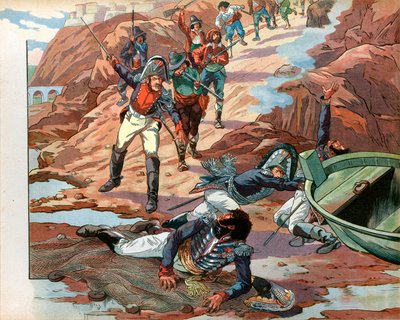 Joachim Murat (1767-1815), dechu nápolyi király, 1815-ben a calabriai Pizzóban ejtette foglyul az ellenséges tömeg. Jacques Marie Gaston metszete Onfray de Breville dit Job (1858-1931) alkotó: pseudonym for Onfray de Breville Jacques Job