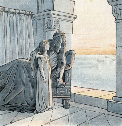 Nagy Károly király (I. Károly Nagy Károlynak nevezte, 742-814) megfigyeli a viking drakkarok érkezését a Szajnára a 9. században. a „Franciaországban, G. Montorgueil által elmondott története, Job képe””” 1896. Magángyűjtemény. alkotó: pseudonym for Onfray de Breville Jacques Job