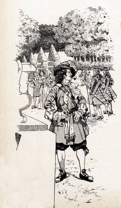 XIV. Lajos francia király Soleil királyt (1638-1715) hívta udvartársaival Versailles kertjében. Illusztráció Jobról (Jacques Marie Gaston Onfray és Breville) (Jacques-Marie) (1858-1931) a „Franciaország nagy történelmi szavai” című könyvhöz alkotó: pseudonym for Onfray de Breville Jacques Job