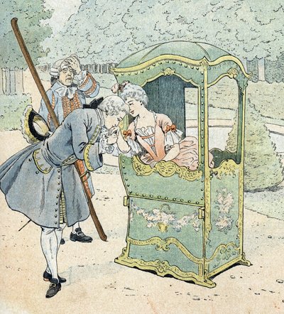 Nemesi hölgy a 18. században, egy széken, hordárokkal, akik kézcsókot kapnak alkotó: pseudonym for Onfray de Breville Jacques Job