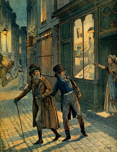 Louis Antoine Fauvelet de Bourrienne (1769-1834) és I. Bonaparte Napóleon (1769-1821) Párizs utcáin inkognitóban. Illusztráció: Jacques Marie Gaston Onfray de Breville a JOB-ban (1858-1931). Magángyűjtemény alkotó: pseudonym for Onfray de Breville Jacques Job