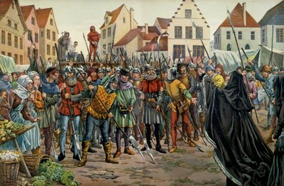 Burgundi Mária (1457-1482), burgundiai hercegnő 1477-ben kegyelmet kért tanácsadóiért. Illusztráció: Jacques Marie Gaston Onfray de Breville a JOB-ban (1858-1931) a „XI. Lajos”-ban” alkotó: pseudonym for Onfray de Breville Jacques Job