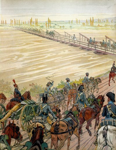 I. Bonaparte Napóleon (1769-1821) és serege 1805. október 1-jén haladt át a Rajnán. Georges Montorgueil „” Napóleon” című művében. Illusztráció: Jacques Marie Gaston Onfray de Breville a JOB-ban (1858-1931) alkotó: pseudonym for Onfray de Breville Jacques Job