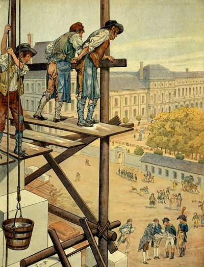 I. Bonaparte Napóleon (1769-1821) figyelemmel kíséri a Louvre és a párizsi Palais des Tuileries és a Place és a Rue de Rivoli közötti összeköttetés építészeti és városi alkotásait, amely 1802-ben kezdődött, és újraírta a lezajlott csata nevét. alkotó: pseudonym for Onfray de Breville Jacques Job